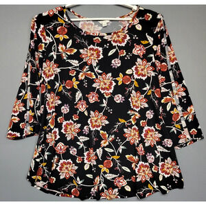 Cato EST. 1946 Shirt Womens 18/20W Black 3/4 Sleeve Boho Romantic Floral Casual